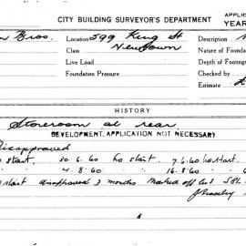 Building Inspectors Card: 599 King Street, Newtown. Storeroom at rear. 1 Card. 