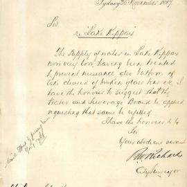 Memorandum - Lake Kippax has been treated and cleared of debris, 1897 