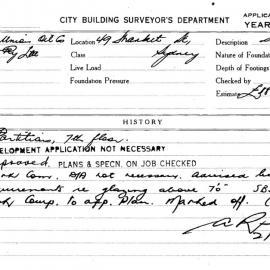 Building Inspectors Card: 49 Market St Sydney. Partitions 7th floor. 1 Card. 