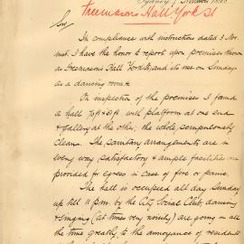 Memorandum – The use of Freemason’s Hall as a dancing room on York Street Sydney, 1898