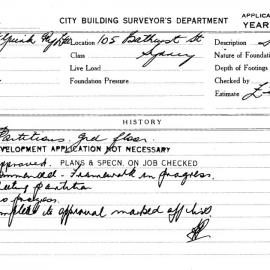 Building Inspectors Card: 105 Bathurst St, Sydney. Partitions grd floor, development application 
