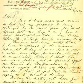 Letter - Nathan Hermanm of The Misfits Parlor complains of sand in shop, Wynyard Street Sydney, 1895