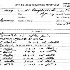 Building Inspectors Card: 44 Campbell St, Sydney. Reinstatement after fire, development application 