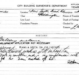 Building Inspectors Card: 1 New South Head Rd, Paddington. Balcony enclosure, development 