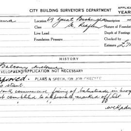 Building Inspectors Card: 69 Great Buckingham St, Redfern. Balcony enclosure. 1 card.