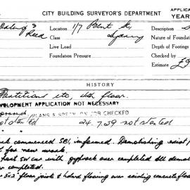 Building Inspectors Card: 1/7 Bent St, Sydney. Partitions etc, 4th floor, development application 