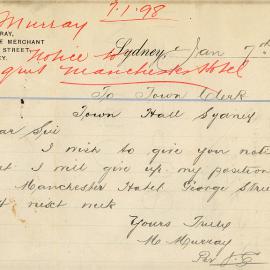 Letter: M Murray, per JS, Grain and Produce Merchant, 270 Sussex St to TC. Give you notice that I 