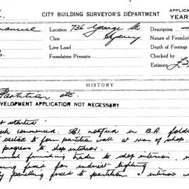 Building Inspectors Card: 736 George St, Sydney. Partition etc, development application not 