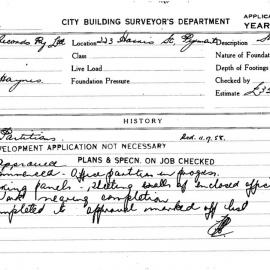 Building Inspectors Card: 223 Harris St, Pyrmont. Partitions. 1 card.