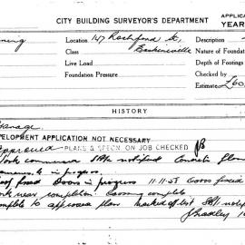 Building Inspectors Card: 147 Rochford St, Erskineville. Garage. 1 card.