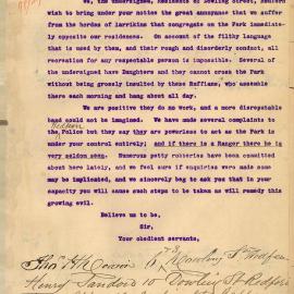 Petition - Complaint from Redfern residents about larrikins congregating on Moore Park, 1898