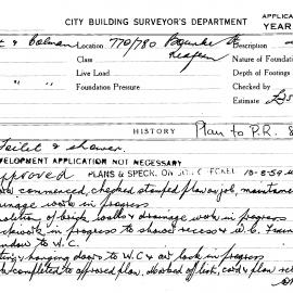 Building Inspectors Card: 770/780 Bourke St, Redfern. Toilet & shower, Development application not 