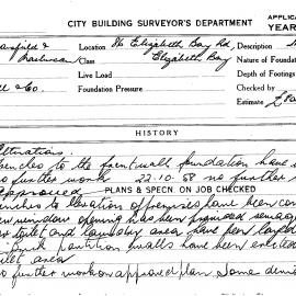 Building Inspectors Card: 86 Elizabeth Bay Rd, Elizabeth Bay. Alterations. 1 card.
