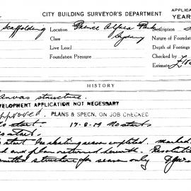 Building Inspectors Card: Prince Alfred Park, Sydney. Canvas structure, Development application not 