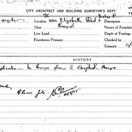Building Inspectors Card: 230 Elizabeth Street & Foster Street. Perusal. Application to peruse 