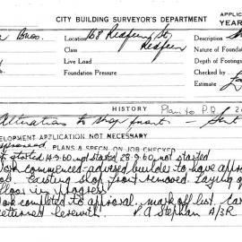 Building Inspectors Card - Alterations to shopfront, 168 Redfern St, Redfern, 1960