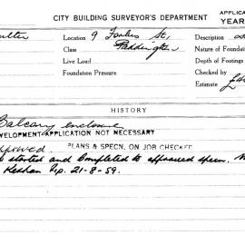 Building Inspectors Card: 9 Forbes St, Paddington. Balcony enclosure, Development application not 