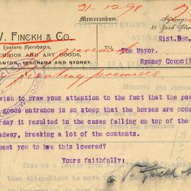 Letter – Pavement remodelling request at EV Finckh & Co establishment, 83 York Street Sydney, 1898