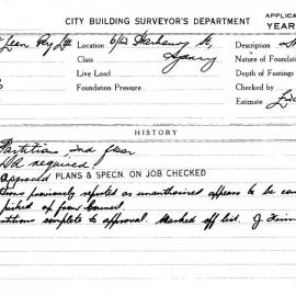 Building Inspectors Card: 6/12 Harbour St, Sydney. Partitions, 2nd floor, DA approved 8/09/1959. 1 