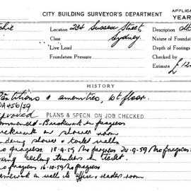 Building Inspectors Card: 234 Sussex St, Sydney. Partitions & amenities, 1st floor, DA456/59 