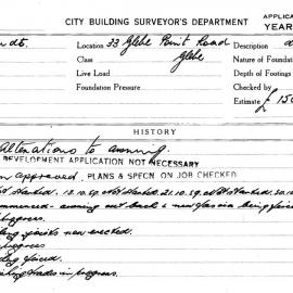 Building Inspectors Card: 33 Glebe Point Road, Glebe. Alterations to awning, Development 