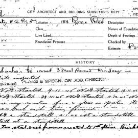 Building Inspectors Card: 184 Sussex Street. Application to insert 3 steel framed windows. 2 cards.