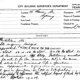 Building Inspectors Card: 35 Rowe St Sydney, Partitions etc. 1 Card. 