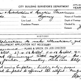 Building Inspectors Card: 4 Martin Place Sydney. Application to make alterations ground floor. 1 
