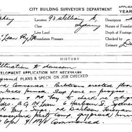 Building Inspectors Card: 93 William St, Sydney. Alteration to showroom, Development application 
