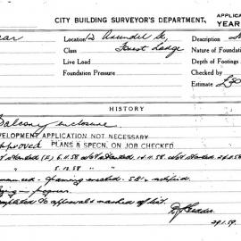 Building Inspectors Card: 12 Arundel St Forest Lodge. Balcony enclosure. 1 Card. 