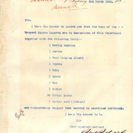 Memorandum - City Surveyor, list of equipment and keys relating to Wynyard Park, 1898