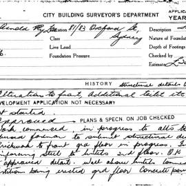 Building Inspectors Card: 81/83 Oxford St Sydney. Alterations to front, additional toilet etc. 1 