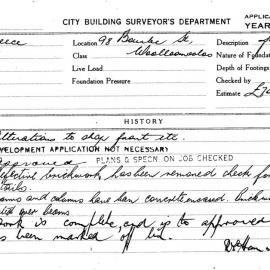 Building Inspectors Card - 98 Bourke St Woolloomooloo, 1958