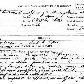 Building Inspectors Card: Yurong & Stanley St, Sydney. St James Flats. Cool room, Development 