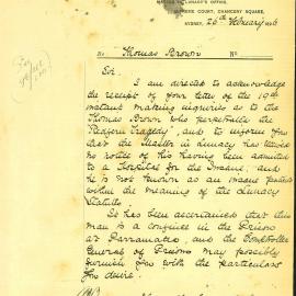 Letter - Master in Lunacy, Man who caused 'Redfern Tragedy' in Parramatta prison, 1896