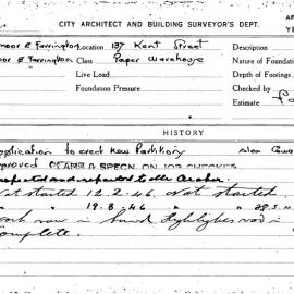 Building Inspectors Card: 137 Kent Street. Paper Warehouse. Application to erect new Partitions. 1 