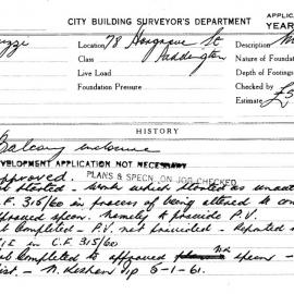 Building Inspectors Card: 78 Hargreaves Street, Paddington. Balcony enclosure. 1 Card. 