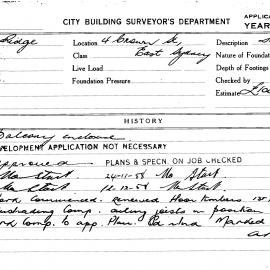 Building Inspectors Card: 4 Crown St East Sydney. Balcony enclosure. 1 Card. 