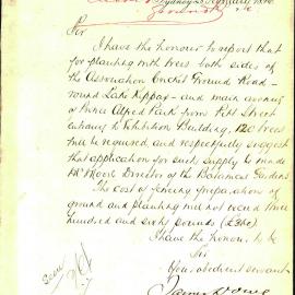 Letter - Landscaping for cricket ground, Lake Kippax and Prince Alfred Park, 1896