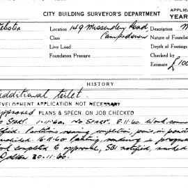 Building Inspectors Card: 149 Missenden Road Camperdown. Additional toilet. 1 Card. 