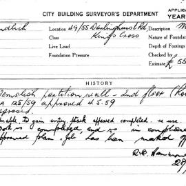 Building Inspectors Card: 49-55 Darlinghurst Rd Kings Cross. 1 Card. 