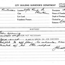 Building Inspectors Card: 64/66 King Street, Newtown. Door opening. 1 Card. 