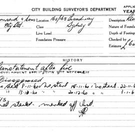 Building Inspectors Card: 163-165 Broadway Sydney. Reinstatement after fire. 1 Card. 
