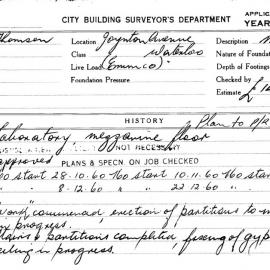 Building Inspectors Card: Joynton Avenue Waterloo. Emmco. Laboratory mezzanine floor. 1 Card. 