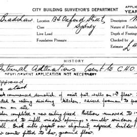 Building Inspectors Card: 134 Oxford Street Sydney. Internal alterations. 1 Card. 