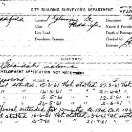 Building Inspectors Card: 1 Glenview Street, Paddington. Verandah enclosure. 2 Cards. 