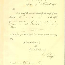 Letter: R J Lukey, Sect'y, Aust Gas Light Coy's Office to TC. Acknowledge letter on erection of 3 