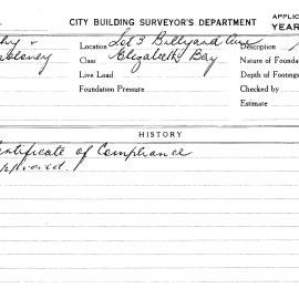 Building Inspectors Card: Lot 3 Billyard Avenue, Elizabeth Bay. Certificate of Compliance. 1 Card. 