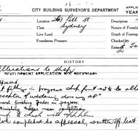 Building Inspectors Card: 263 Pitt Street, Sydney. Alterations to shop. 1 Card. 