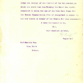 Letter - Use of Grand Organ by University of Sydney for Annual Commemoration, 1896